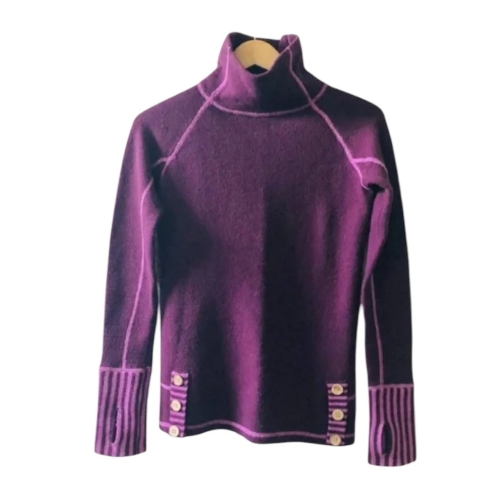 Akini Wool Mock Neck Indie Boho Sweater Purple Stripe Pullover Buttons sz XS - Picture 5 of 13
